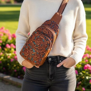 Handmade Tooled Leather Fanny Pack: Floral Carved Sling Crossbody
