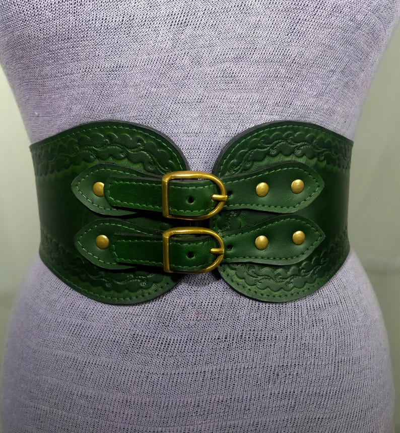 Handmade Tooled Medieval-Viking LARP Leather Corset Belt-Cosplay Armour-Fantasy Halloween for women Warrior Celtic Belt ANTIQUE GREEN
