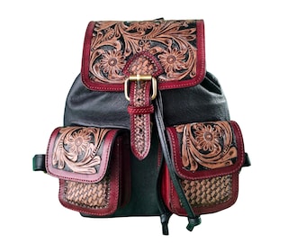 Hand-Tooled Leather Bag Floral Deigns Backpack Vintage Western Cowhide Bag