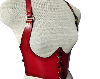 Viking Leather Corset, Medieval Leather Under-bust Corset, LARP Handmade Leather Corset, Antique Red Handmade Armor Leather Corset