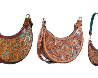 Handmade Vintage Tooled Carving Leather Fashion Hobo Bag, Floral Design Western Ladies HandBag, Handcrafted Women&#39;s bag, Gift to Girl Friend