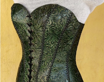 Embossed Floral Design Green Medieval-LARP Handmade Leather Armour Corset, Viking Over-bust Corset, Gothic, Steampunk  Leather Corset
