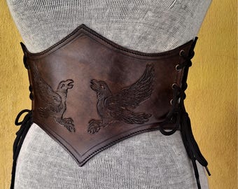 Hand Carved and Tooled Antique Brown Medieval-LARP Handmade Leather Underbust Corset Belt, Female Viking cosplay Armour