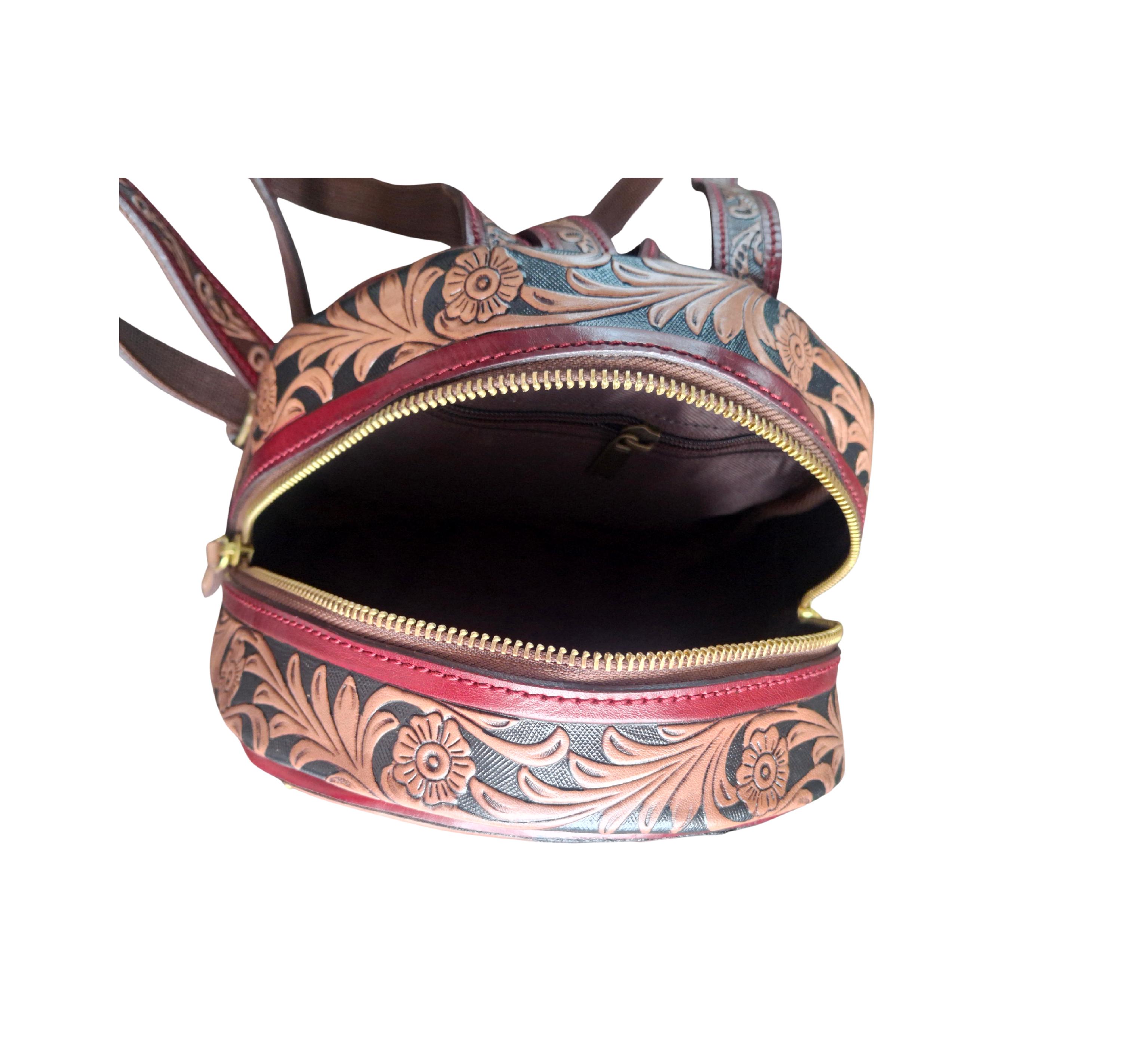 Handmade Tooled Carving Leather Backpack: Vintage Floral  display picture 2