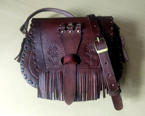 Tooled Handmade Fringe Medieval-Gothic-Steampunk Veg-Tan Leather cross body bag- LARP - Living history Event Bag