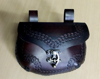Tooled Handmade Medieval Leather Belt Bag-Pouch - Historical Belt Bag - Gothic-Steampunk Belt Bag - LARP - Living history Event Bag
