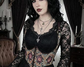 Gothic Style Hand-Tooled Genuine Leather Women Underbust Corset: Viking LARP Armor, Steampunk Fashion Cosplay Fantasy Costumes