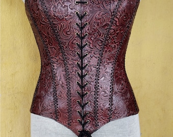 Embossed Floral Design Brown Medieval-LARP Handmade Leather Armour Corset, Viking Over-bust Corset, Gothic, Steampunk  Leather Corset