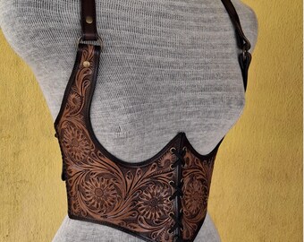 Wester Cowboy Tooled carving Medieval-Viking Leather Under-bust Corset, Gothic, LARP Handmade Armor Leather Corset