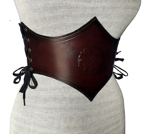 Antique Brown Medieval Leather Corset Belt, Handmade Medieval Leather Corset Belt for LARP, Tooled Handmade Leather Corset Belt