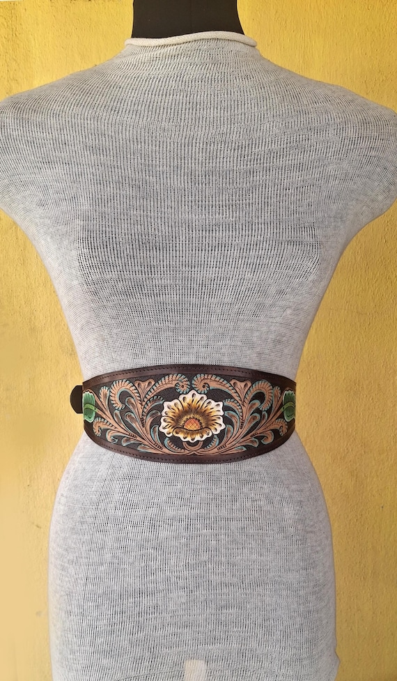 Handmade Tooled Leather Corset Belt: Multi-colored Cincher 