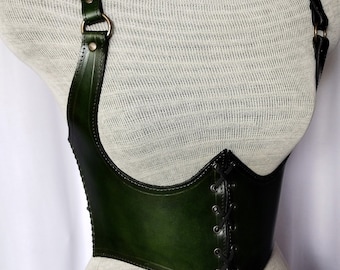 Antique Green Viking Leather Corset, Medieval Leather Under-bust Corset, LARP Handmade Leather Corset,  Handmade Armor Leather Corset