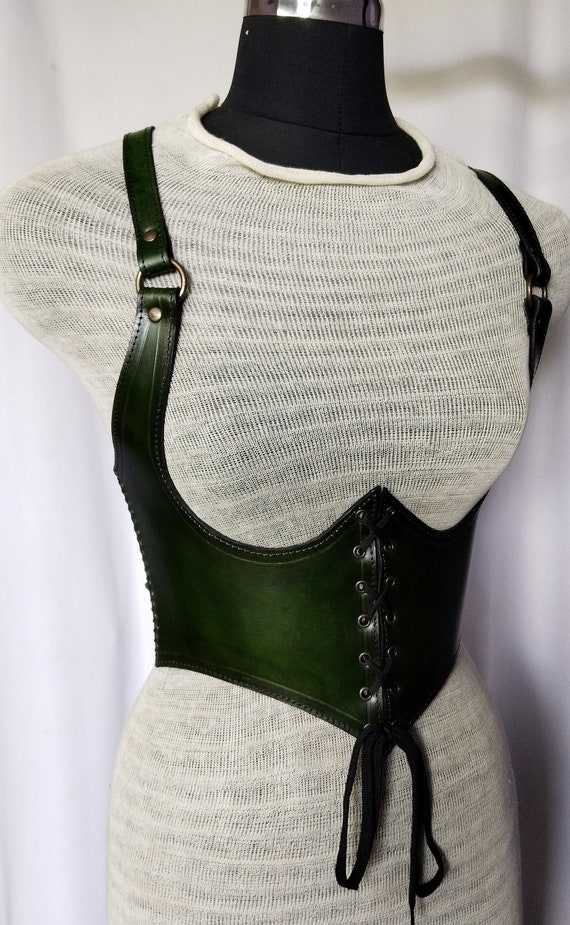 Antique Green Viking Leather Corset, Medieval Leather Under-bust