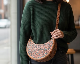 Bolso hobo de cuero repujado hecho a mano: bolso de estilo western con estampado floral.