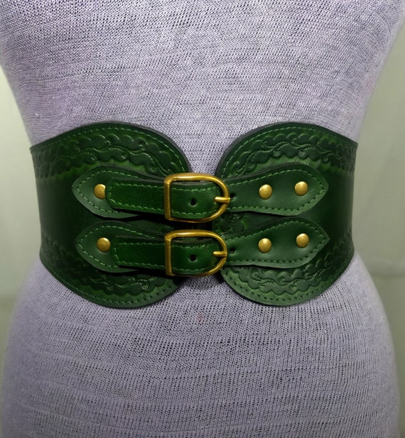 Green Medieval Leather Corset Belt, Handmade Medieval Leather