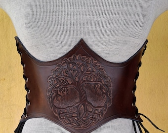 Hand Carved and Tooled Tree of Life Antique Brown Medieval-LARP Handmade Leather Underbust Corset, Female Viking cosplay Armour