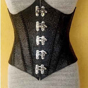 Black Gothic Embossed Floral Design Handmade Leather Under-bust Corset, Medieval, Steampunk, Viking Leather Corset, LARP Armor Corset