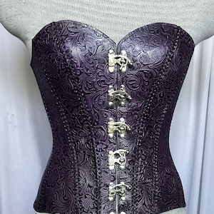Embossed Design Blacky Purple Gothic Punk Leather Corset, Steampunk-Medieval-LARP Handmade Leather Armour Corset, Viking Over-bust Corset