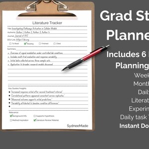 May include: A printable planner set for graduate students. The set includes six pages: weekly, monthly, daily, literature, experiment, and daily task tracker. The image shows a sample literature tracker page with the title "Literature Tracker" and a checklist.