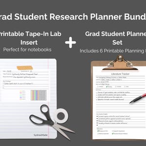 May include: A printable grad student research planner bundle with a tape-in lab insert and a literature tracker page. The planner includes 6 printable planning pages. The image shows a notebook with a tape-in lab insert, a clipboard with a literature tracker page, scissors, and tape.