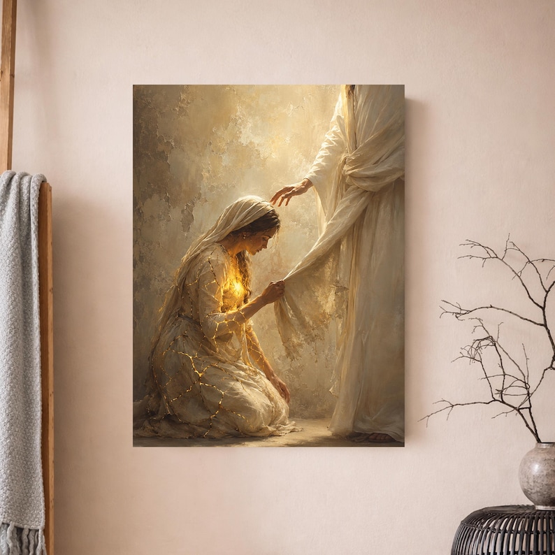 May include: A vertical wall art print depicting a kneeling figure in a white robe with a glowing golden light emanating from the chest, reaching out to touch the hem of a standing figure draped in a long, flowing white garment in a warm, soft light.