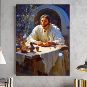May include: A painting depicting a bearded figure with long hair wearing a white robe, seated at a wooden table covered with a white cloth. The table holds ceramic vessels, a small bowl, and a leafy branch. The scene is set in a dimly lit room.