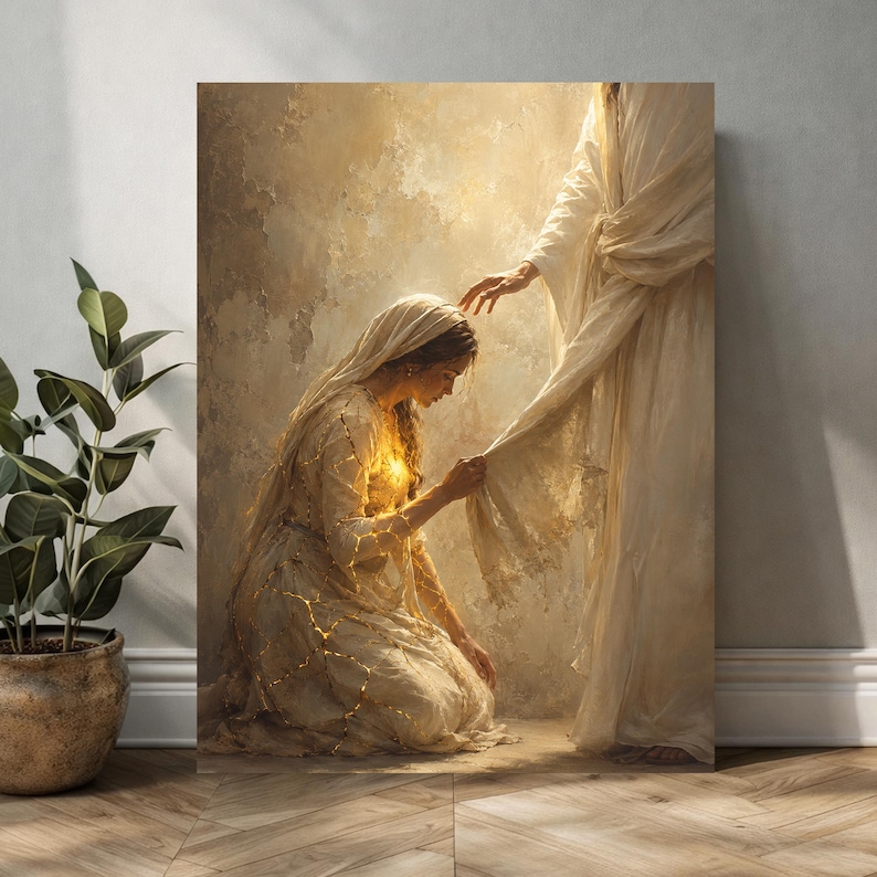 May include: A vertical wall art print depicting a kneeling figure in a cream-colored gown with glowing gold cracks, reaching out to touch the hem of a standing figure draped in flowing white robes against a textured, neutral-toned background.