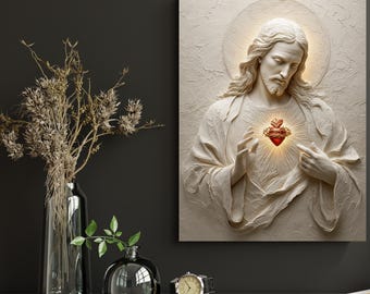 Sacred Heart Jesus Canvas Print, Christian Religious Art, Wood Relief Home Decor