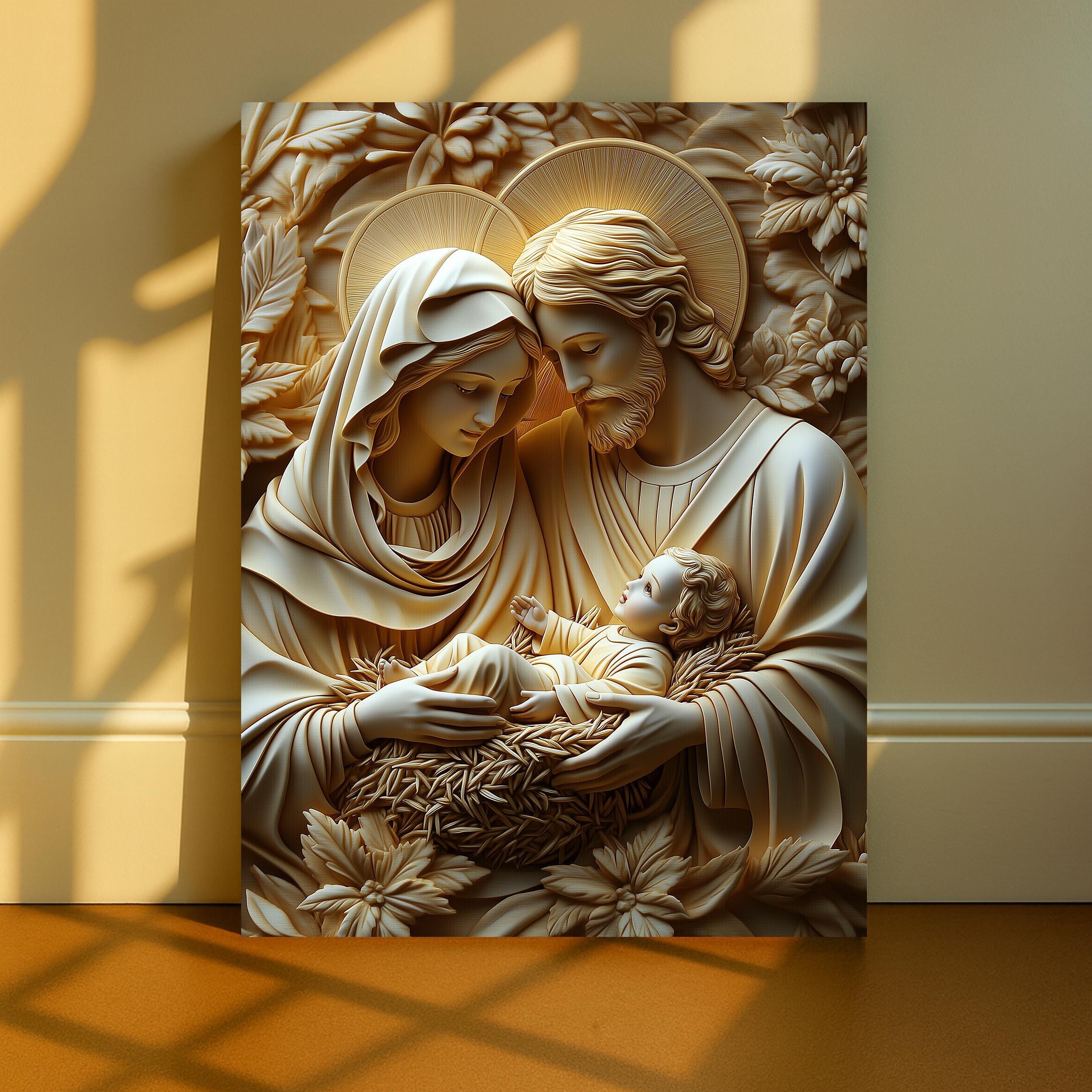 Holy Family Canvas Print, Gold Relief Sculpture Style, Christian Art - Etsy