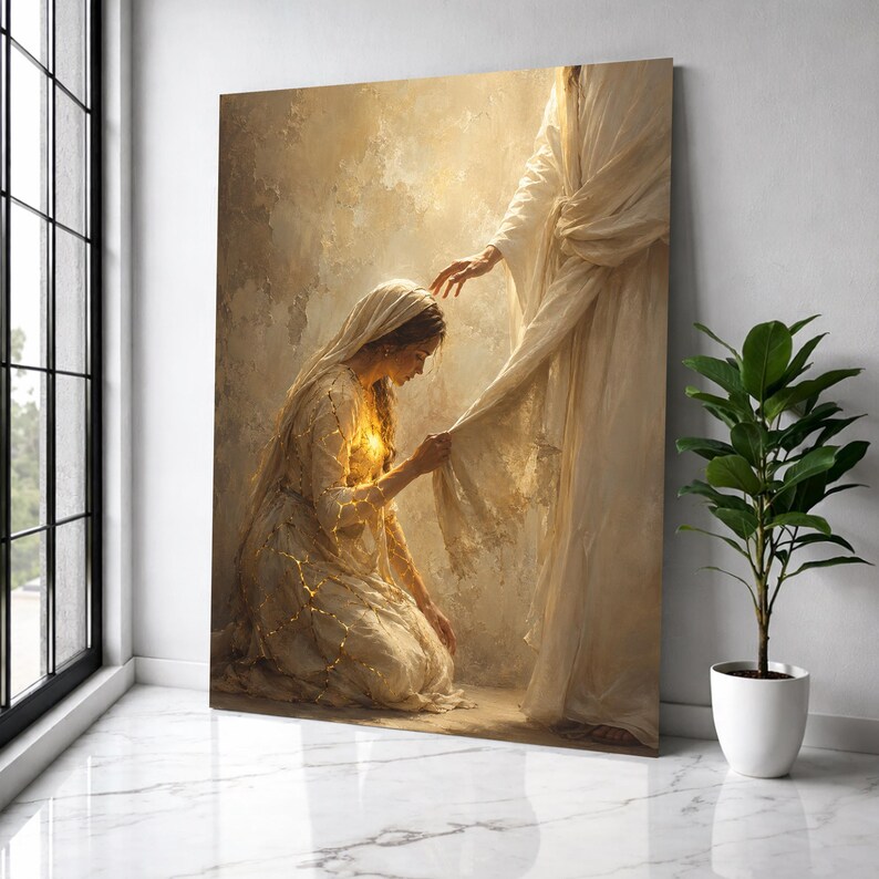 May include: A vertical wall art print depicting a kneeling figure in a light-colored robe with glowing golden cracks, reaching out to touch the hem of a standing figure draped in flowing white fabric, set against a textured, warm-toned background.