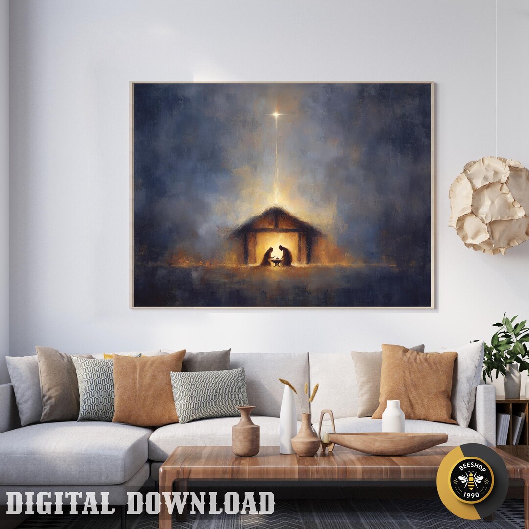 Nativity Scene Digital Print – Holy Family Under Star of Bethlehem ...