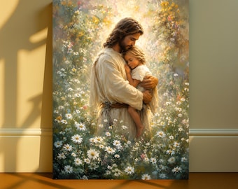 Jesus Hugging Child Canvas Art, Christ Love Daisy Field Painting, Religious Faith Home Decor