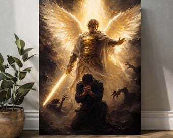 May include: A rectangular wall art print depicting a glowing, winged angelic figure in golden armor holding a radiant sword, standing behind a person kneeling in prayer. Dark, shadowy clawed figures emerge from the ground around the person.