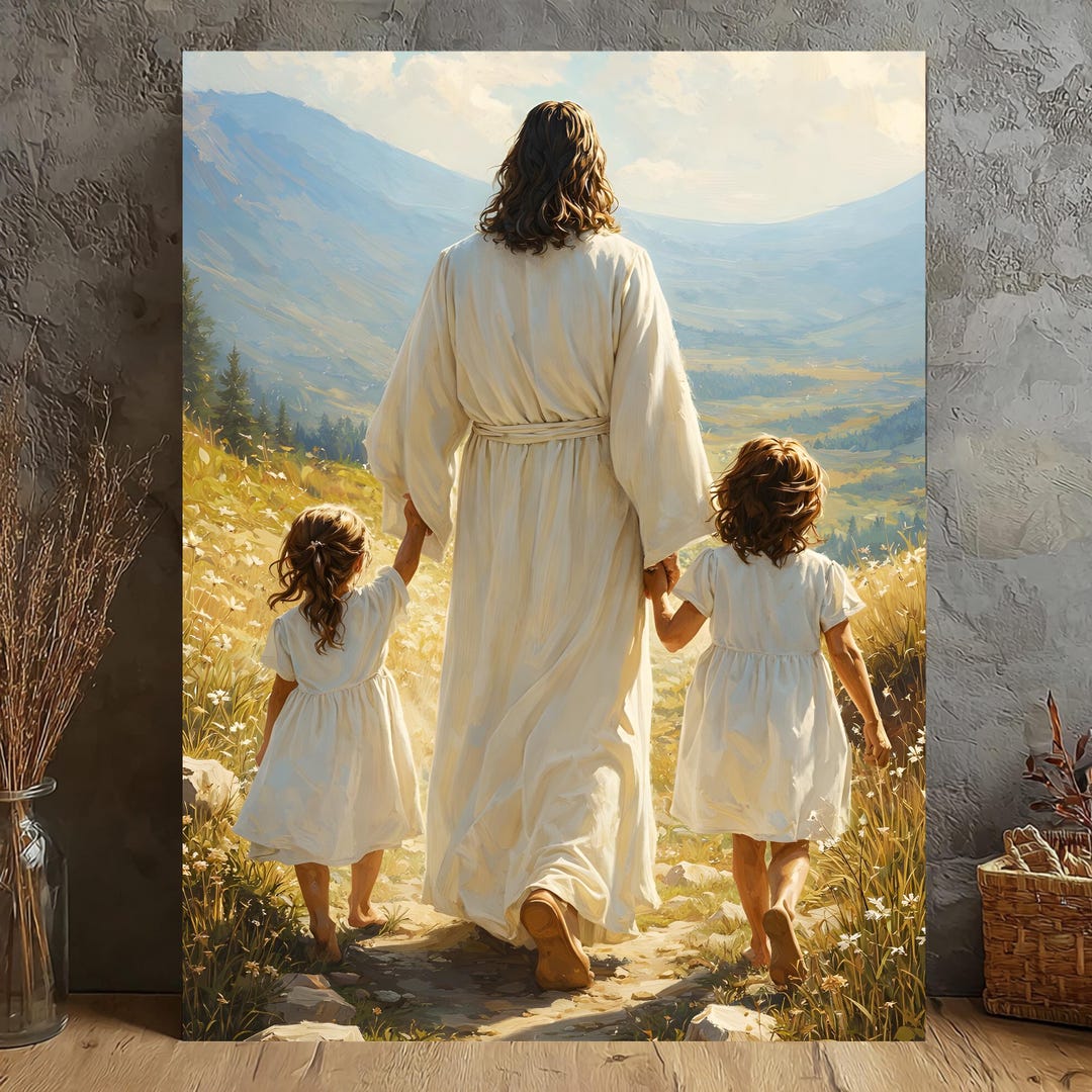 Jesus Walking With Children Canvas Wall Art, Christian Faith Landscape ...