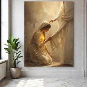 May include: A vertical wall art print depicting a kneeling figure in a cream-colored robe with golden light emanating from the chest, reaching out to touch the hem of a standing figure draped in a long, flowing white garment against a textured background.