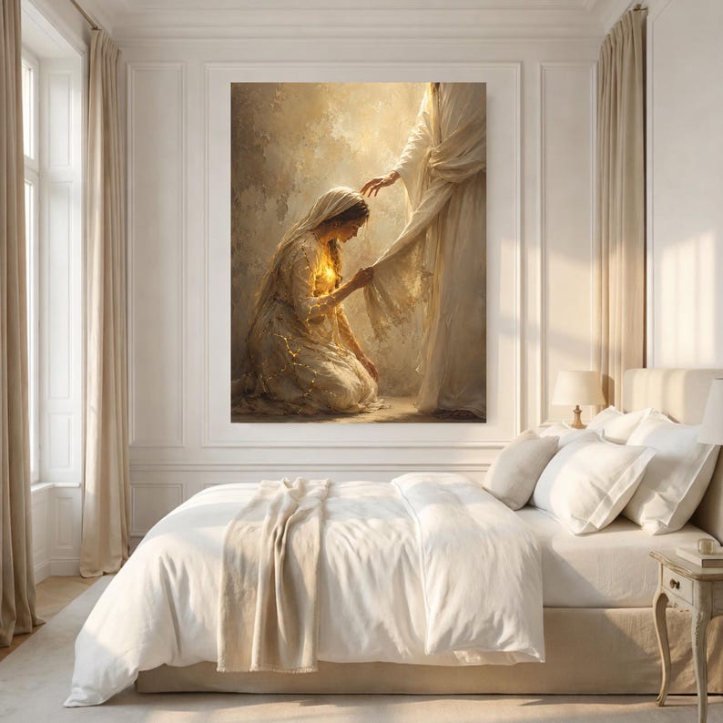 May include: A large rectangular wall art print featuring a kneeling figure in a light-colored robe reaching toward the hem of a standing figure draped in flowing white fabric. The scene is rendered in warm, golden, and cream tones with soft lighting.