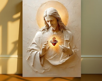 Sacred Heart Jesus Canvas Wall Art - Divine Mercy Catholic Faith Painting - Religious Home Decor