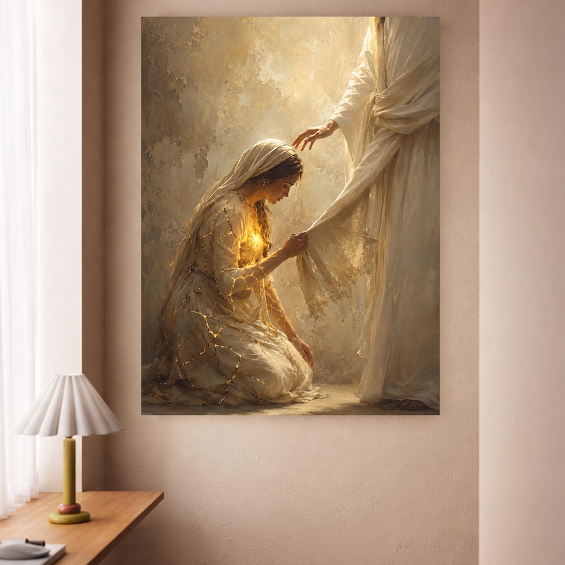 May include: A vertical wall art print depicting a kneeling figure in a cream-colored robe with a glowing golden light emanating from the chest, reaching out to touch the hem of a standing figure draped in a long, flowing white garment.