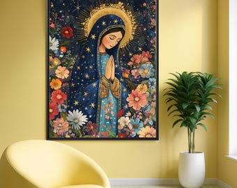 Virgin Mary Floral Art Print, Marian Wall Decor, Our Lady Poster, Catholic Home Art