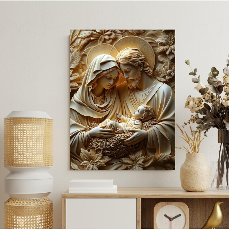 Holy Family Canvas Print, Gold Relief Sculpture Style, Christian Art - Etsy