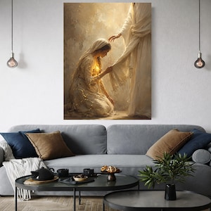 May include: A vertical wall art print depicting a kneeling figure in a white gown with a glowing chest, reaching out to touch the hem of a standing figure draped in flowing white robes. The scene is rendered in soft, warm, golden-toned light.