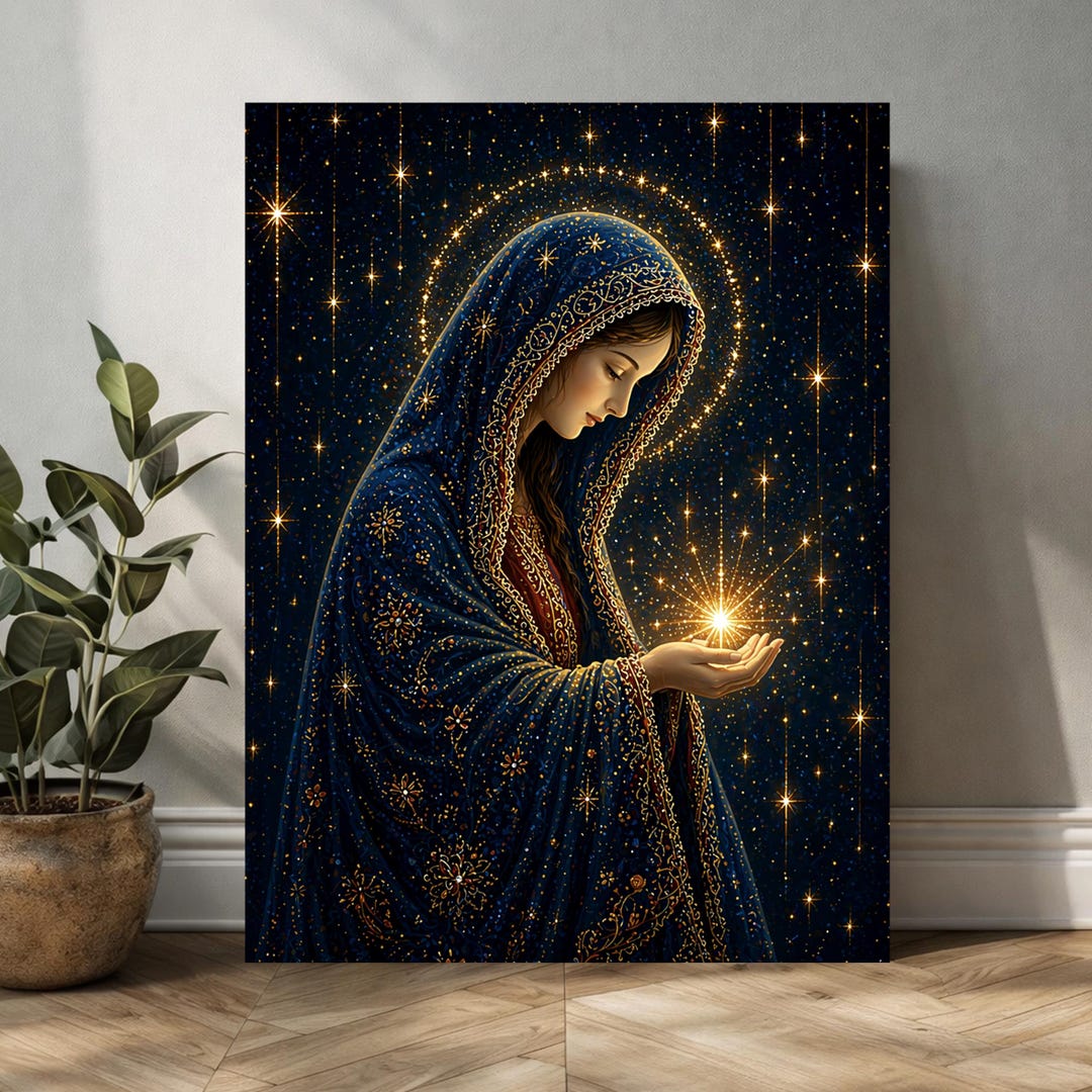 Virgin Mary Starry Night Canvas Wall Art - Religious Madonna Painting ...