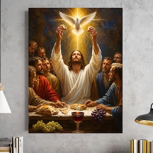 Last Supper Canvas Print, Jesus Breaking Bread Wall Art, Holy Spirit Dove Artwork, Christian