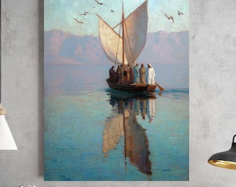 Jesus Boat Canvas Print, Sea of Galilee Christian Wall Art, Biblical Ocean Painting
