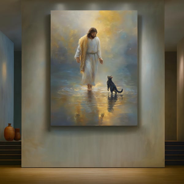 Jesus and Cat Canvas Art, Peaceful Christian Home Decor