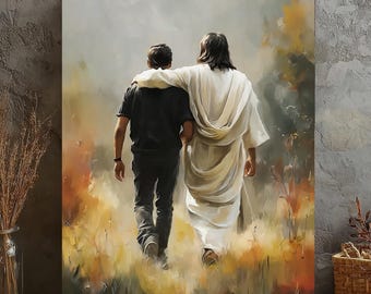 Jesus Walking with Man Canvas Art, Christian Faith Guidance Painting, Spiritual Religious Home Decor