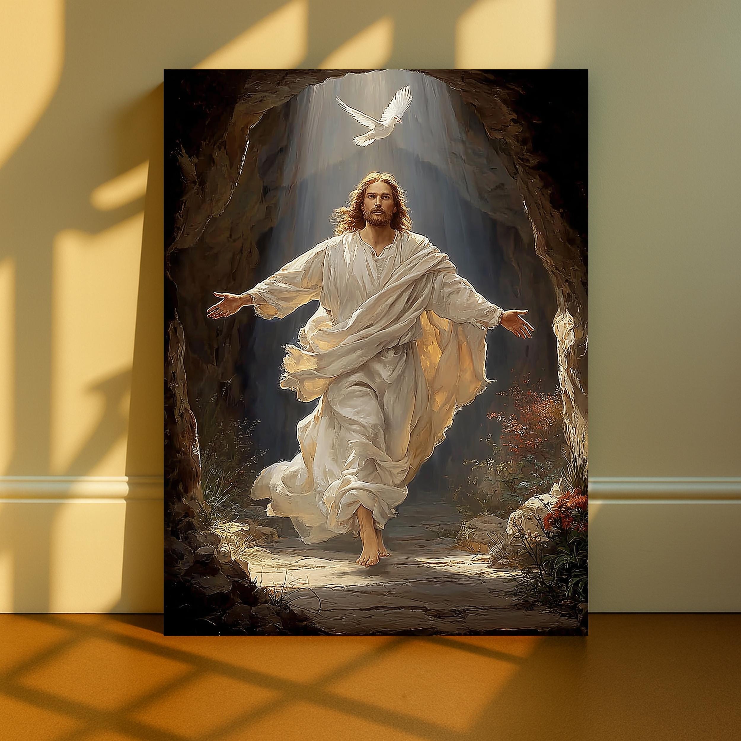 Resurrected Jesus Empty Tomb Canvas Wall Art, He is Risen Christian ...
