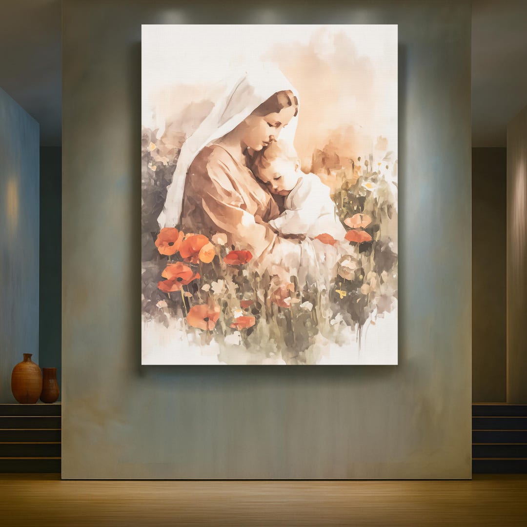 Virgin Mary and Baby Jesus Canvas Wall Art – Watercolor Christian ...