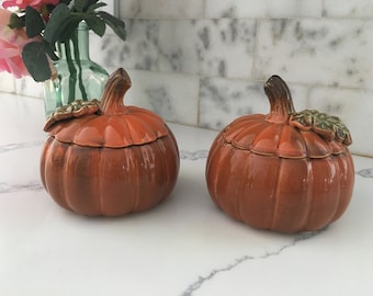 Ceramic Hand Painted Pumpkins with Lids Set of 2