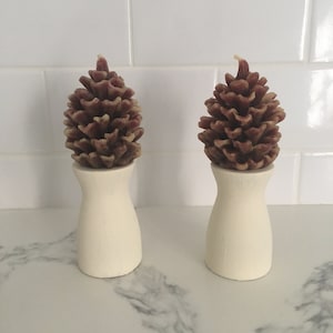 Vintage Fall Pinecone Candles with Wood Candle Holders Centerpiece Decor or Mantle